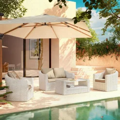 Salon De Jardin|MOBELLIA Salon de jardin en résine tressée 4 places 4 pcs Calvi Blanc et taupe Tressé Blanc - Taupe