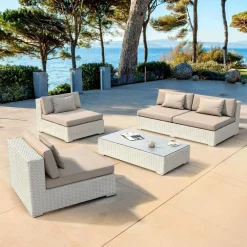 Salon De Jardin|MOBELLIA Salon de jardin en résine tressée 4 places 4 pcs Palma Blanc et taupe Tressé Blanc - Taupe