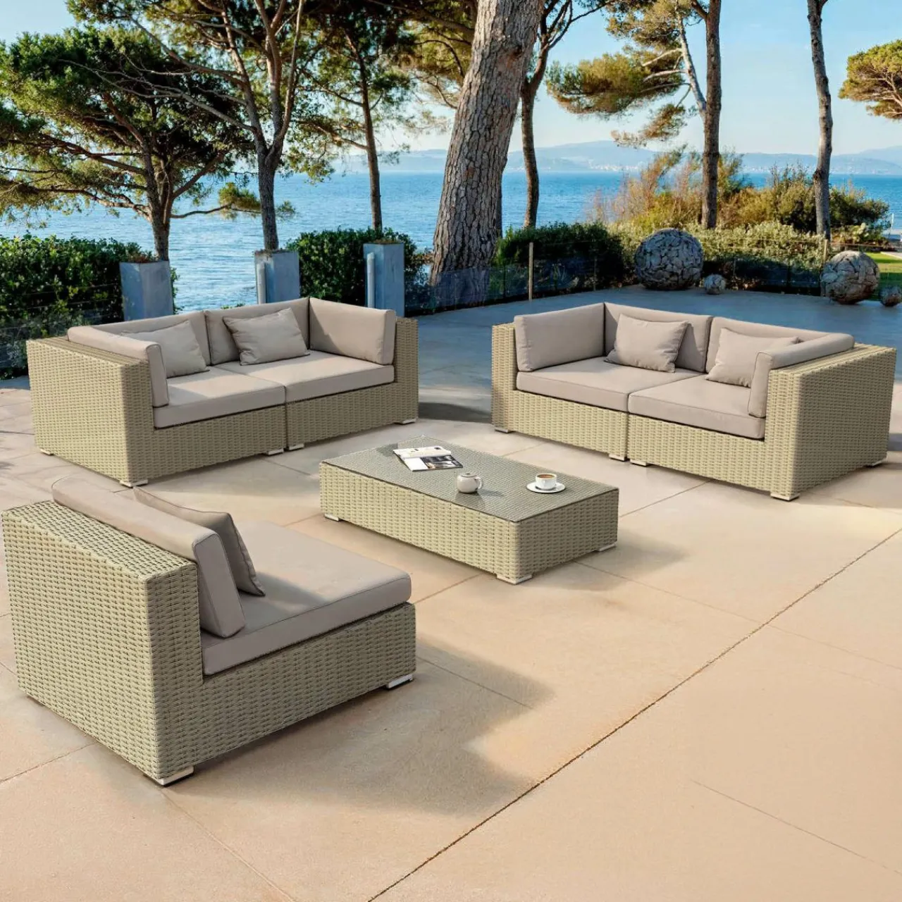Salon De Jardin|MOBELLIA Salon de jardin en résine tressée 5 places 6 pcs Palma Gris et taupe Tressé Gris - Taupe