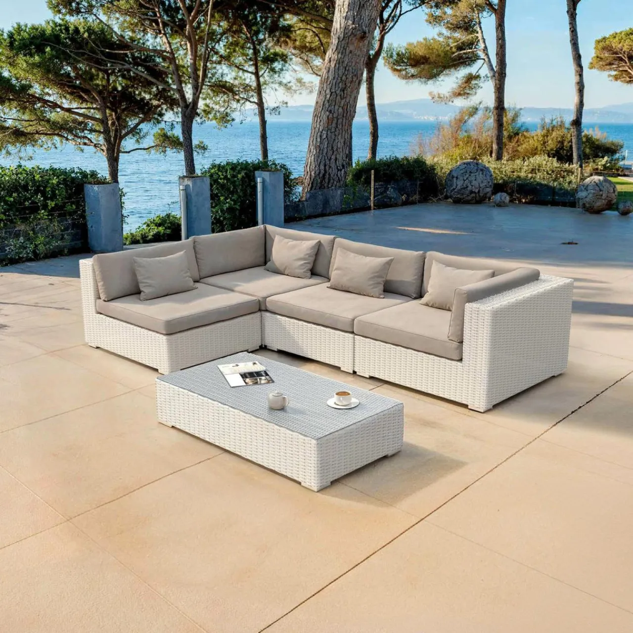 Salon De Jardin|MOBELLIA Salon de jardin en résine tressée 4 places 5 pcs Palma Blanc et taupe Tressé Blanc - Taupe