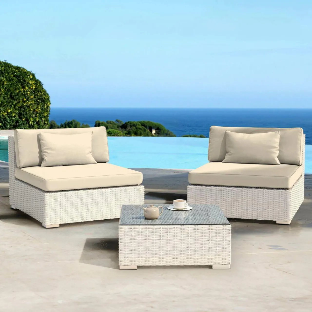 Salon De Balcon|Salon De Jardin|MOBELLIA Salon de jardin en résine tressée 2 places 3 pcs Palma Blanc et beige Tresse Blanc - Beige