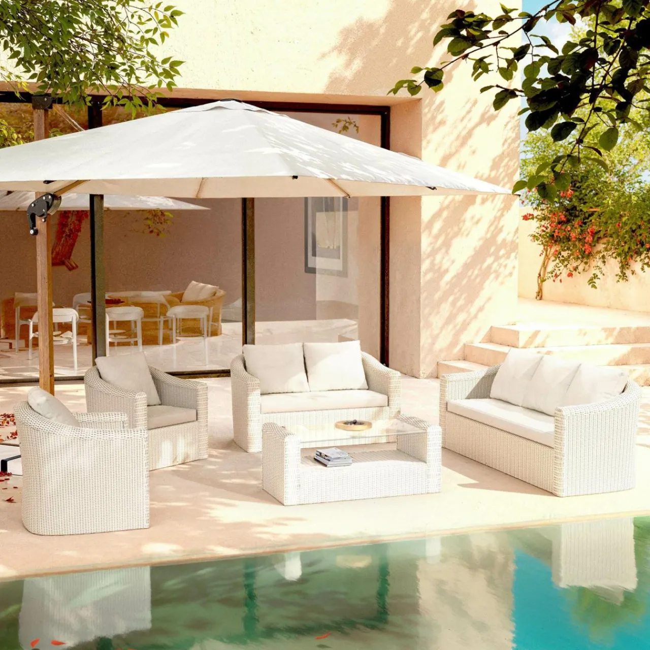 Salon De Jardin|MOBELLIA Salon de jardin en résine tressée 7 places 5 pcs Calvi Blanc Tressé Blanc - Blanc