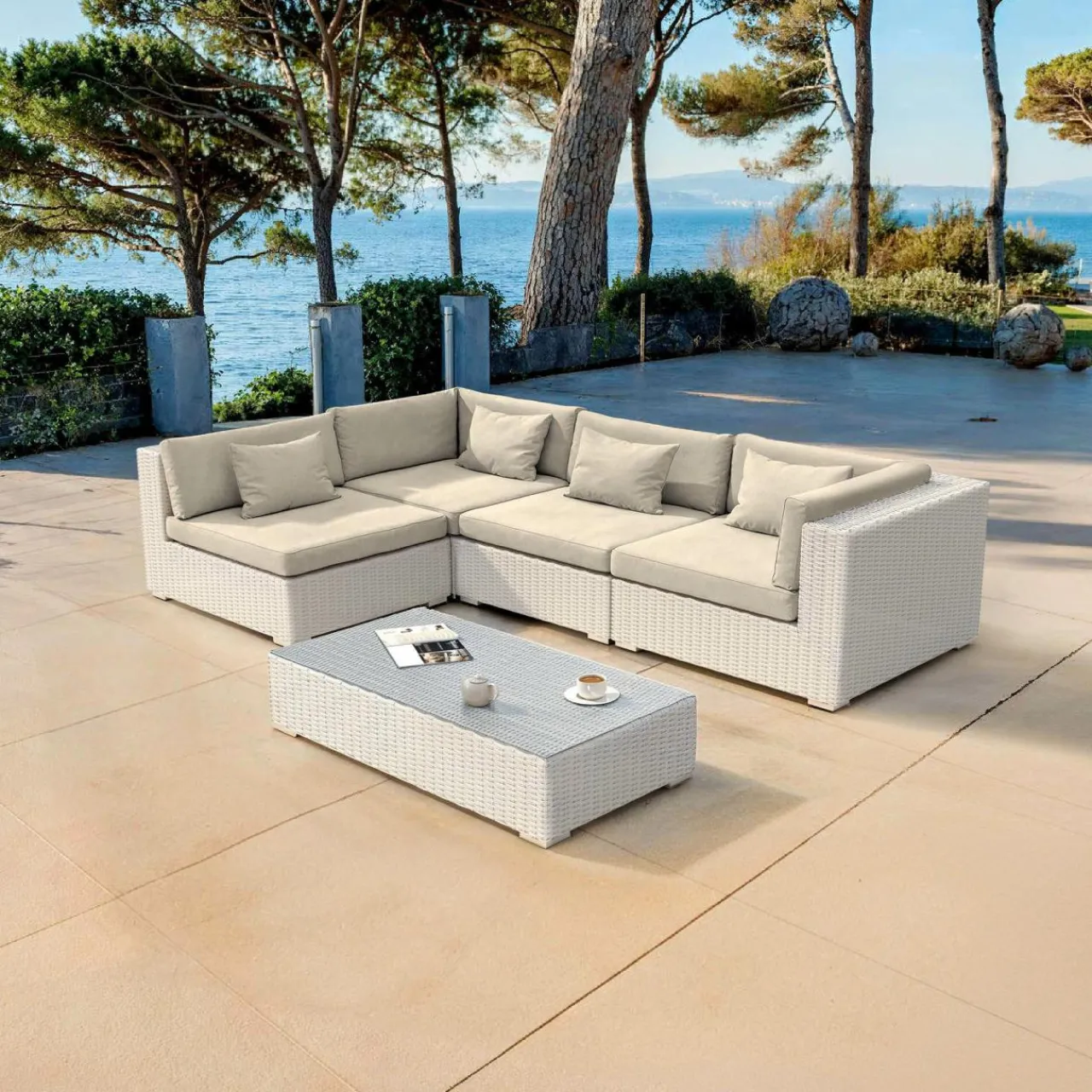 Salon De Jardin|MOBELLIA Salon de jardin en résine tressée 4 places 5 pcs Palma Blanc et beige Tresse Blanc - Beige