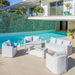 Salon De Jardin|MOBELLIA Salon de jardin en résine tressée 7 places 5 pcs Calvi Blanc et gris clair Tressé Blanc - Gris clair