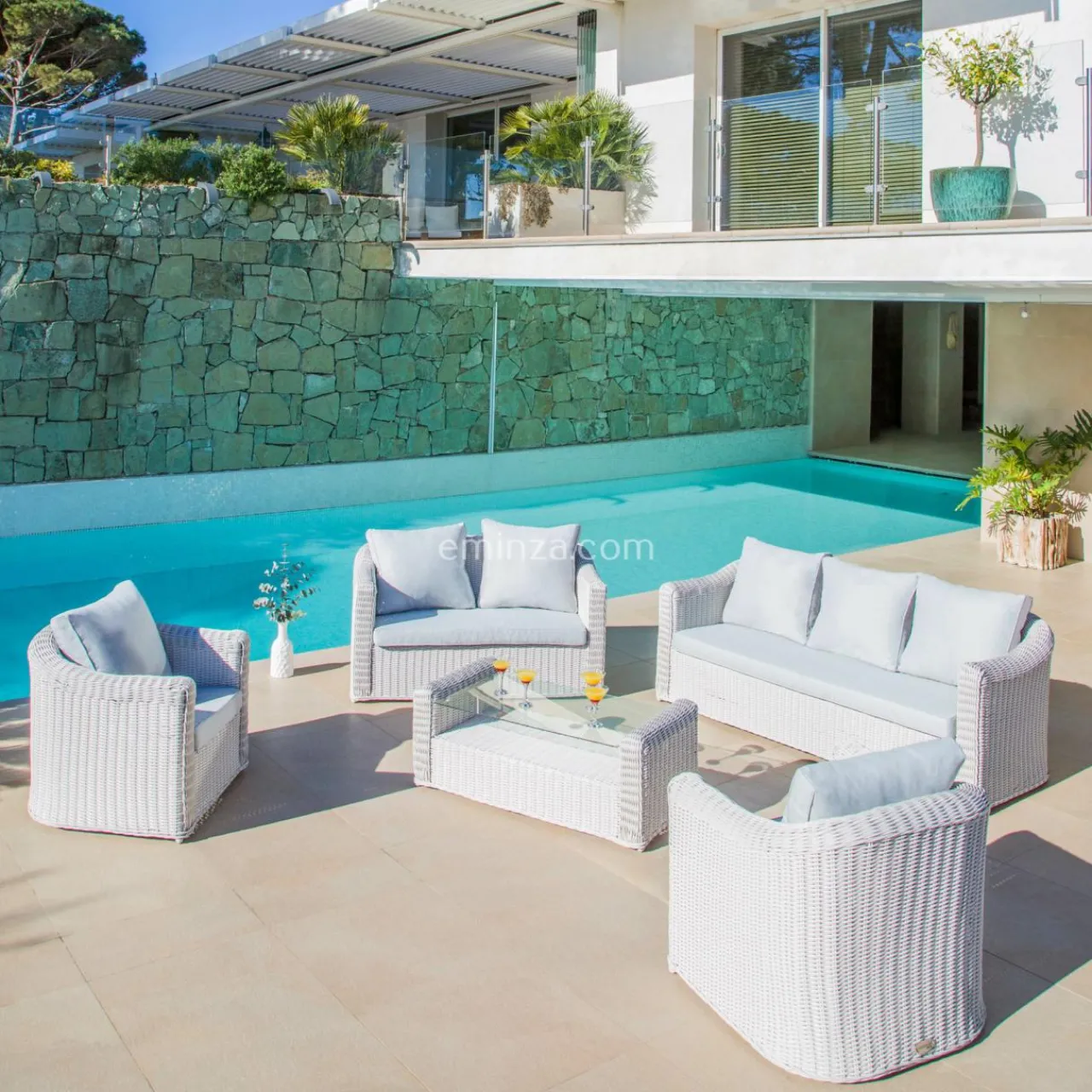 Salon De Jardin|MOBELLIA Salon de jardin en résine tressée 7 places 5 pcs Calvi Blanc et gris clair Tressé Blanc - Gris clair