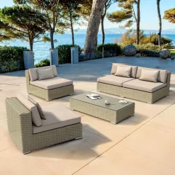 Salon De Jardin|MOBELLIA Salon de jardin en résine tressée 4 places 4 pcs Palma Gris et taupe Tressé Gris - Taupe