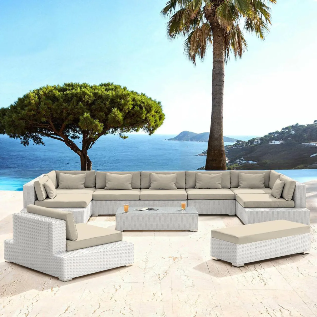 Salon De Jardin|MOBELLIA Salon de jardin en résine tressée 9 places 9 pcs Palma Blanc et beige Tresse Blanc - Beige