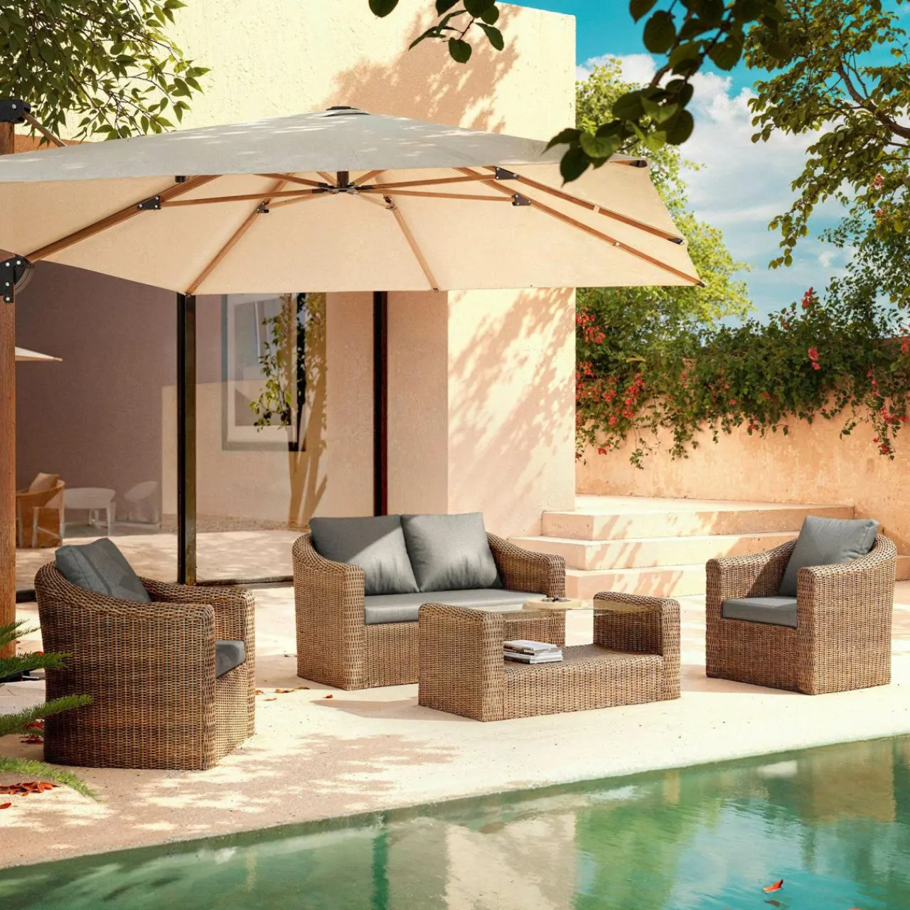 Salon De Jardin|MOBELLIA Salon de jardin en résine tressée 4 places 4 pcs Calvi Sepia et gris foncé Tressé Sepia - Anthracite