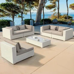 Salon De Jardin|MOBELLIA Salon de jardin en résine tressée 5 places 6 pcs Palma Blanc et taupe Tressé Blanc - Taupe
