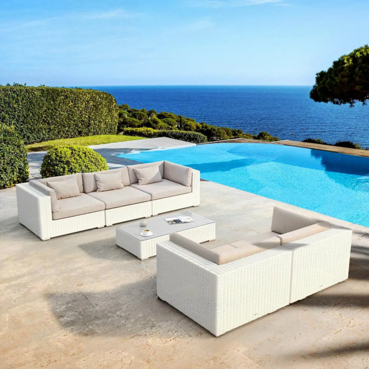 Salon De Jardin|MOBELLIA Salon de jardin en résine tressée 5 places 6 pcs Palma Blanc et taupe Tressé Blanc - Taupe