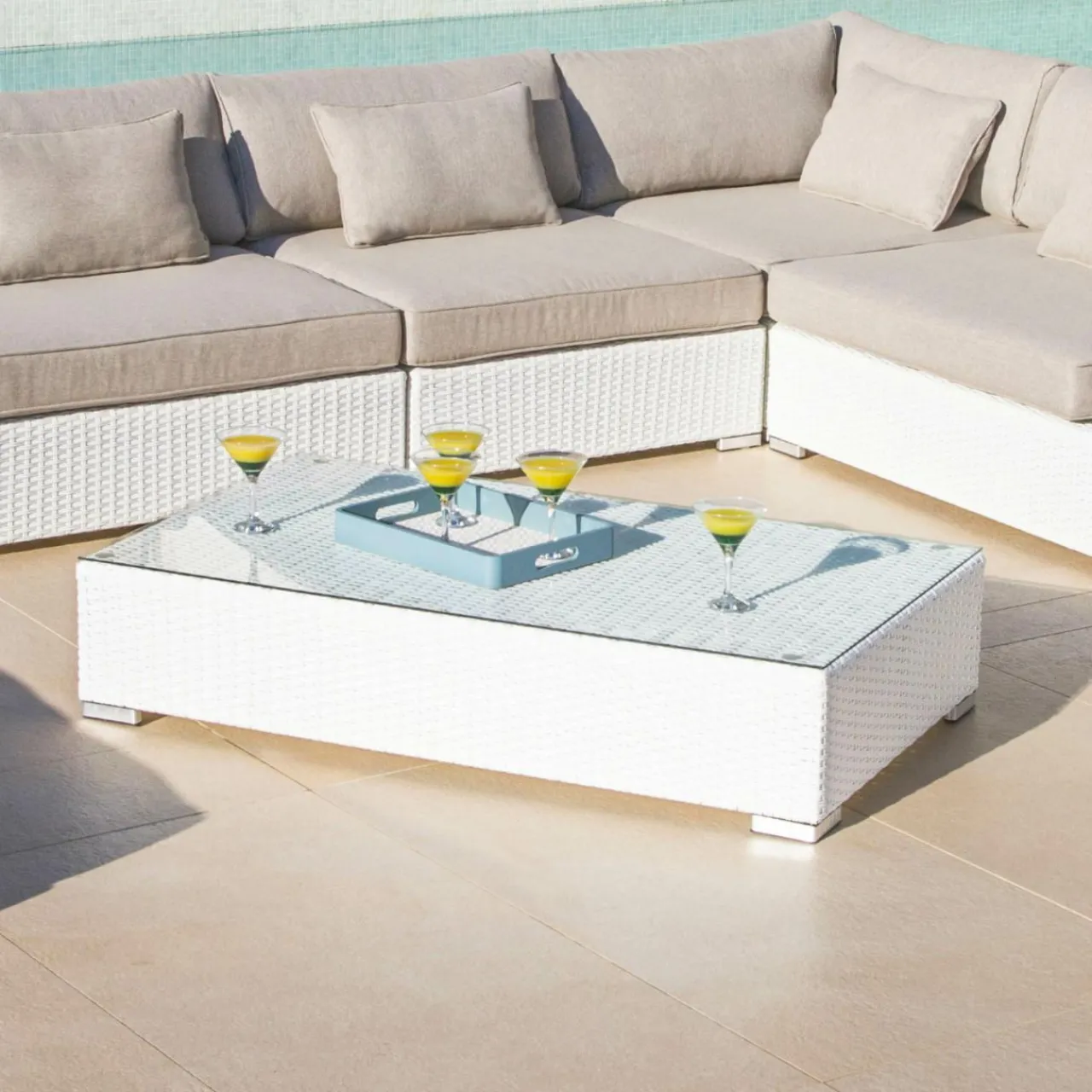 Salon De Jardin|MOBELLIA Salon de jardin en résine tressée 5 places 6 pcs Palma Blanc et taupe Tressé Blanc - Taupe