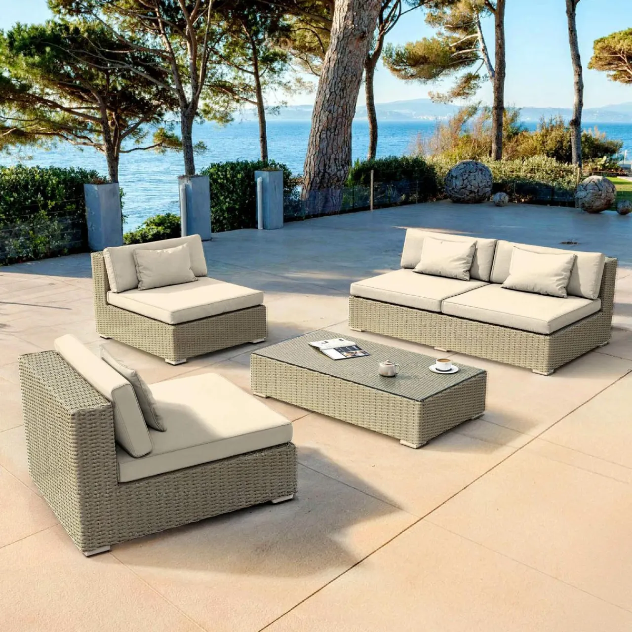 Salon De Jardin|MOBELLIA Salon de jardin en résine tressée 4 places 4 pcs Palma Gris et beige Tresse Gris - Beige