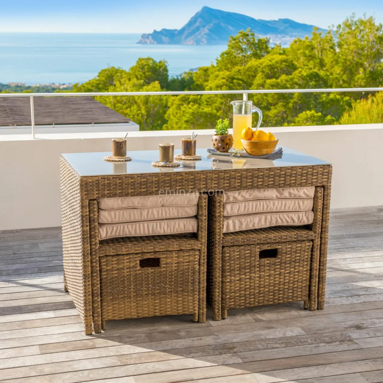 Salon De Jardin|Salon De Balcon|MOBELLIA Salon de jardin encastrable résine tressée 4 places Menorca et beige Sépia