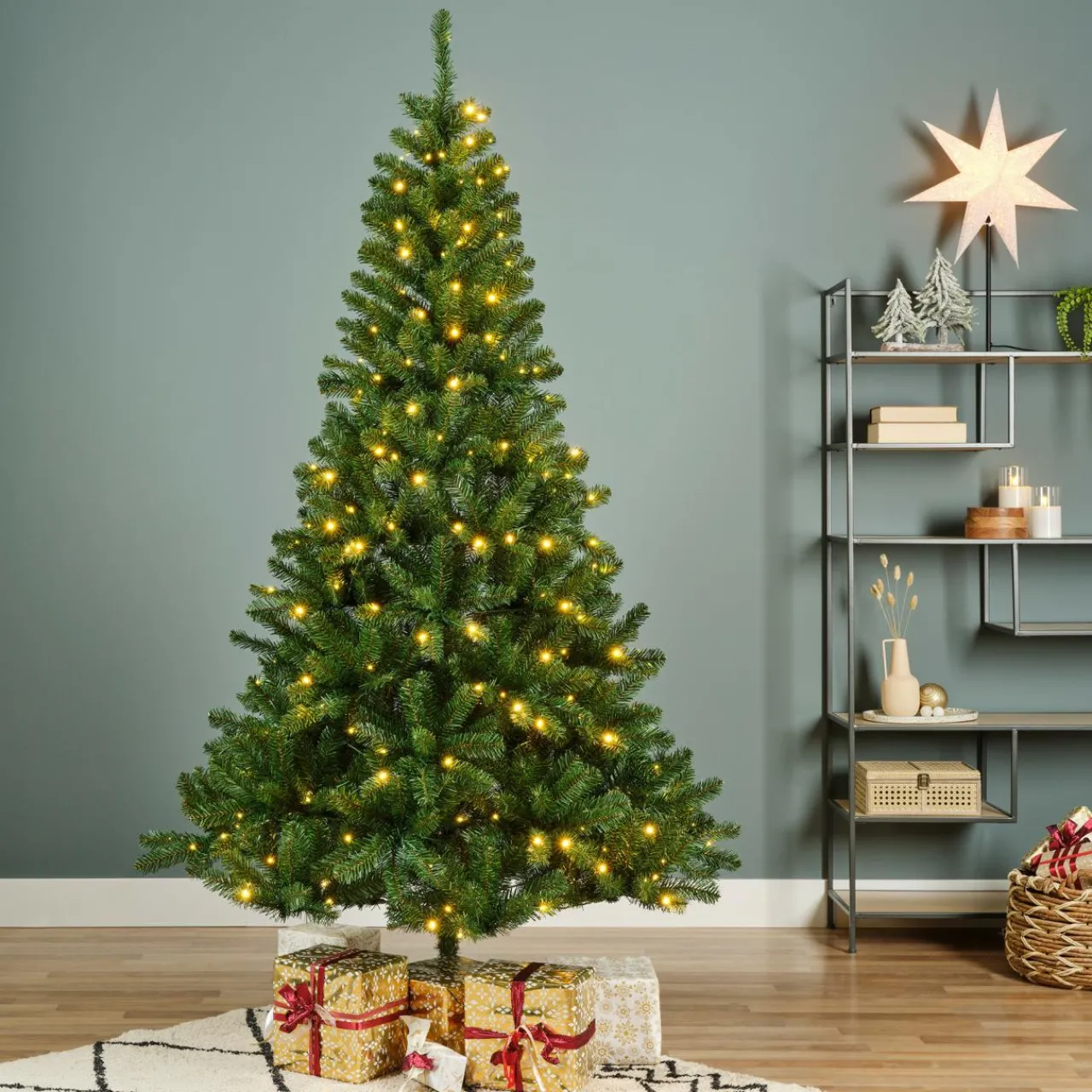 Sapin Grande Taille|Sapin Artificiel De Noël|EMINZA Sapin de Noël artificiel lumineux 320 LED (H210 cm) King Vert sapin Sapin vert lumineux