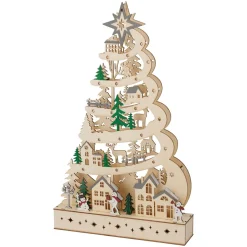 Déco Et Objet De Noël|Village De Noël En Bois|KOOPMAN Sapin de Noël lumineux en bois 15 LED (H45 cm) Conte de Neige Naturel