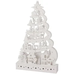 Déco Et Objet De Noël|Village De Noël En Bois|KOOPMAN Sapin de Noël lumineux en bois 15 LED (H45 cm) Conte de Neige Blanc