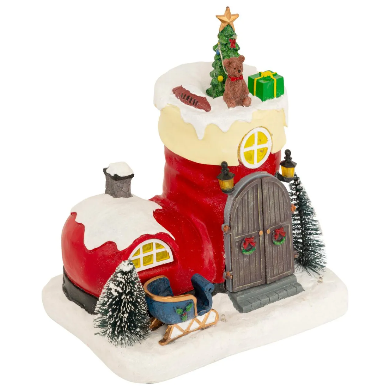 Village De Noël Lumineux|JJA Scène de vie animée et musicale (H22 cm) Botte du Père Noël Multicolore