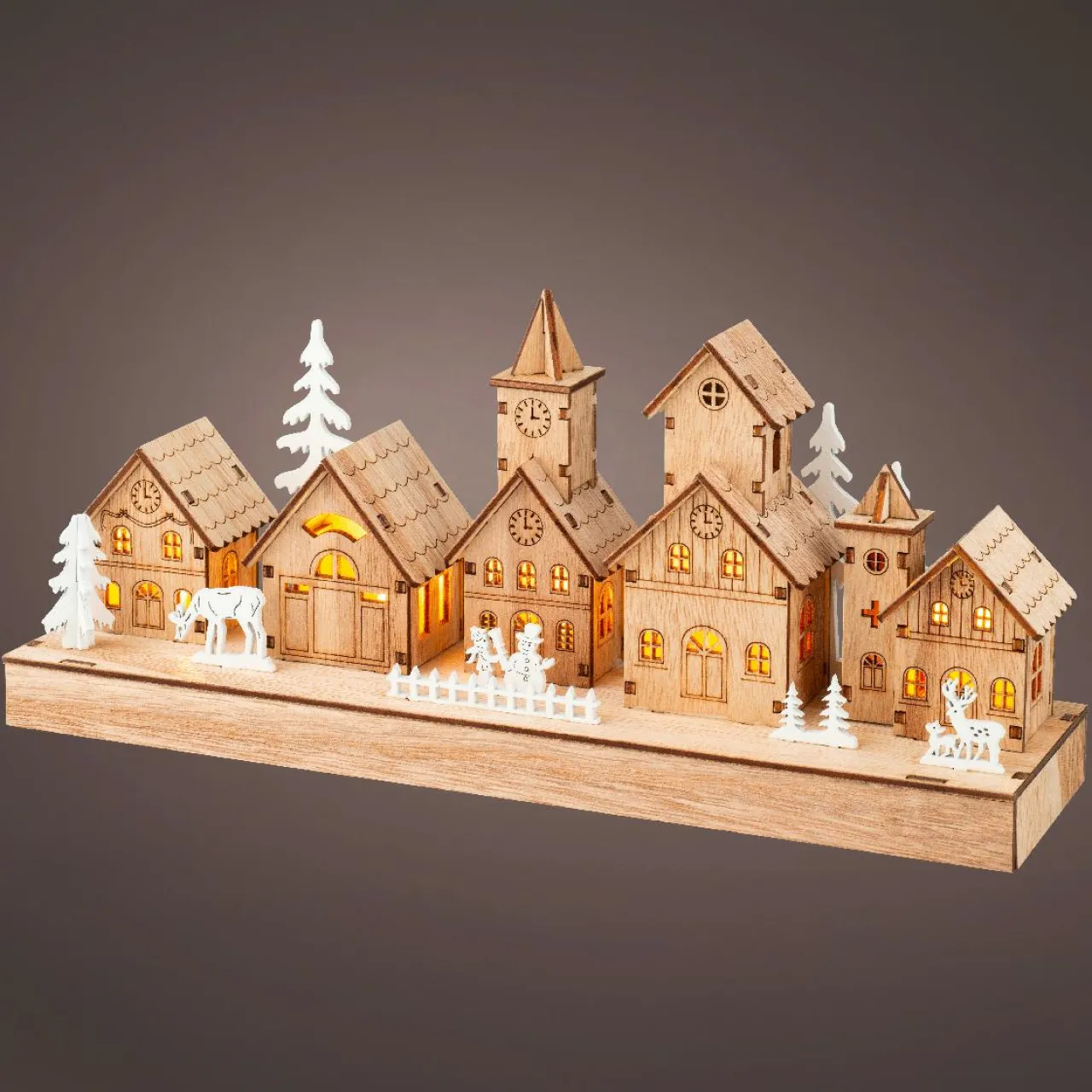 Village De Noël En Bois|Déco Et Objet Lumineux|KAEMINGK Scène de vie lumineuse à piles en bois (30 x H13 cm) Hameau féerique