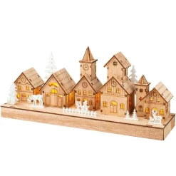Village De Noël En Bois|Déco Et Objet Lumineux|KAEMINGK Scène de vie lumineuse à piles en bois (30 x H13 cm) Hameau féerique