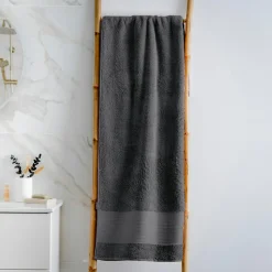Linge De Bain|Serviette De Bain|EMINZA Serviette de bain coton bio (90 x 150 cm) Méline Gris orage Gris foncé