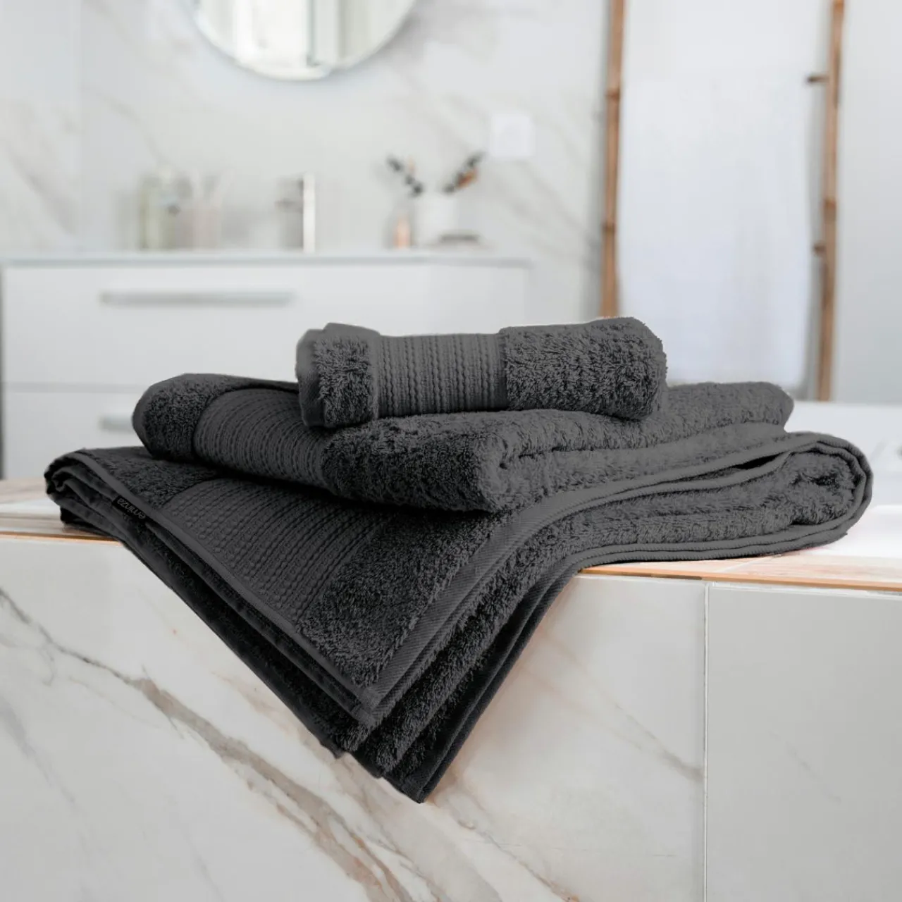 Linge De Bain|Serviette De Bain|EMINZA Serviette de bain coton bio (90 x 150 cm) Méline Gris orage Gris foncé