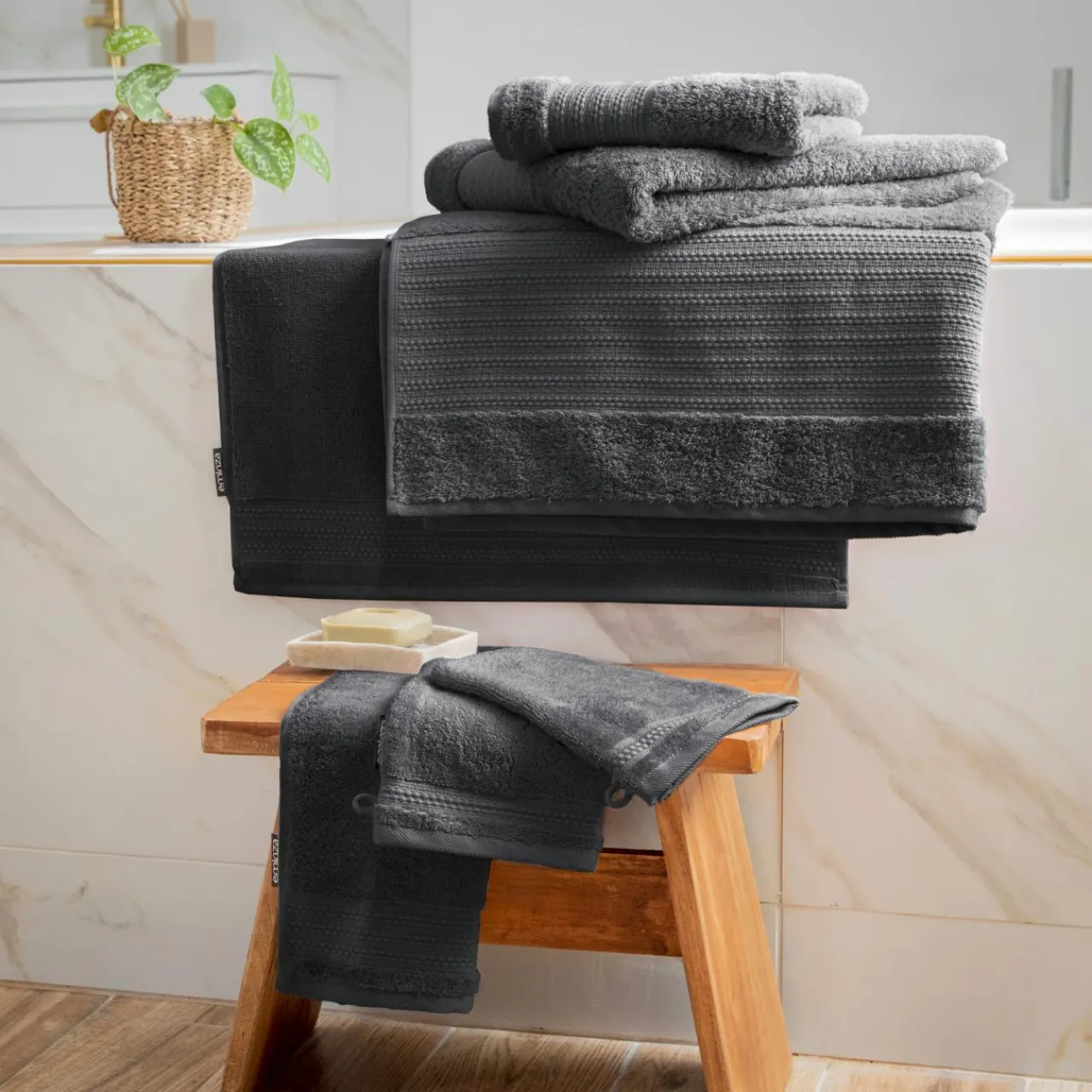 Linge De Bain|Serviette De Bain|EMINZA Serviette de bain coton bio (90 x 150 cm) Méline Gris orage Gris foncé