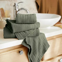 Linge De Bain|Serviette De Bain|EMINZA Serviette de bain gaze de coton (30 x 50 cm) Gaïa Vert romarin