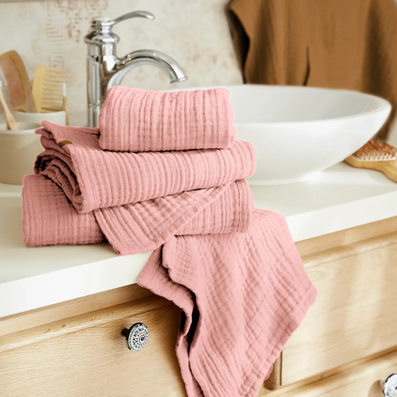 Linge De Bain|Serviette De Bain|EMINZA Serviette de bain gaze de coton (90 x 150 cm) Gaïa Rose Pêche