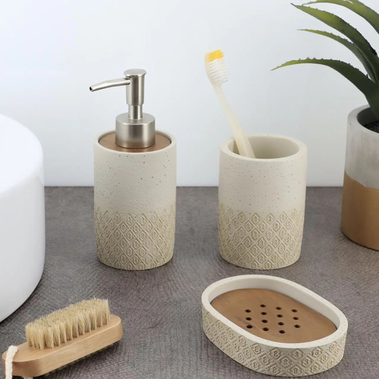 Accessoire Salle De Bain|TENDANCE Set d'accessoires salle de bain gravé Casablanca Naturel Beige