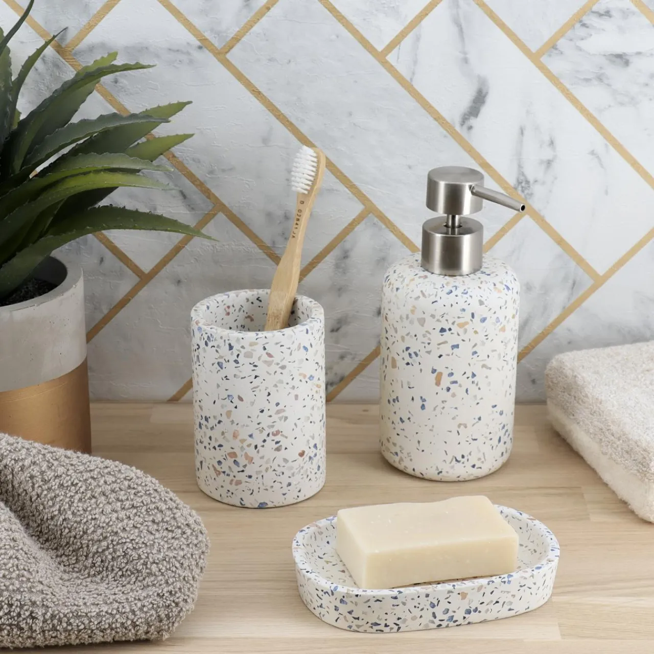 Accessoire Salle De Bain|TENDANCE Set d'accessoires salle de bain ciment Terrazzo Blanc