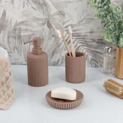 Accessoire Salle De Bain|TENDANCE Set d'accessoires salle de bain résine Strié Cappuccino Marron