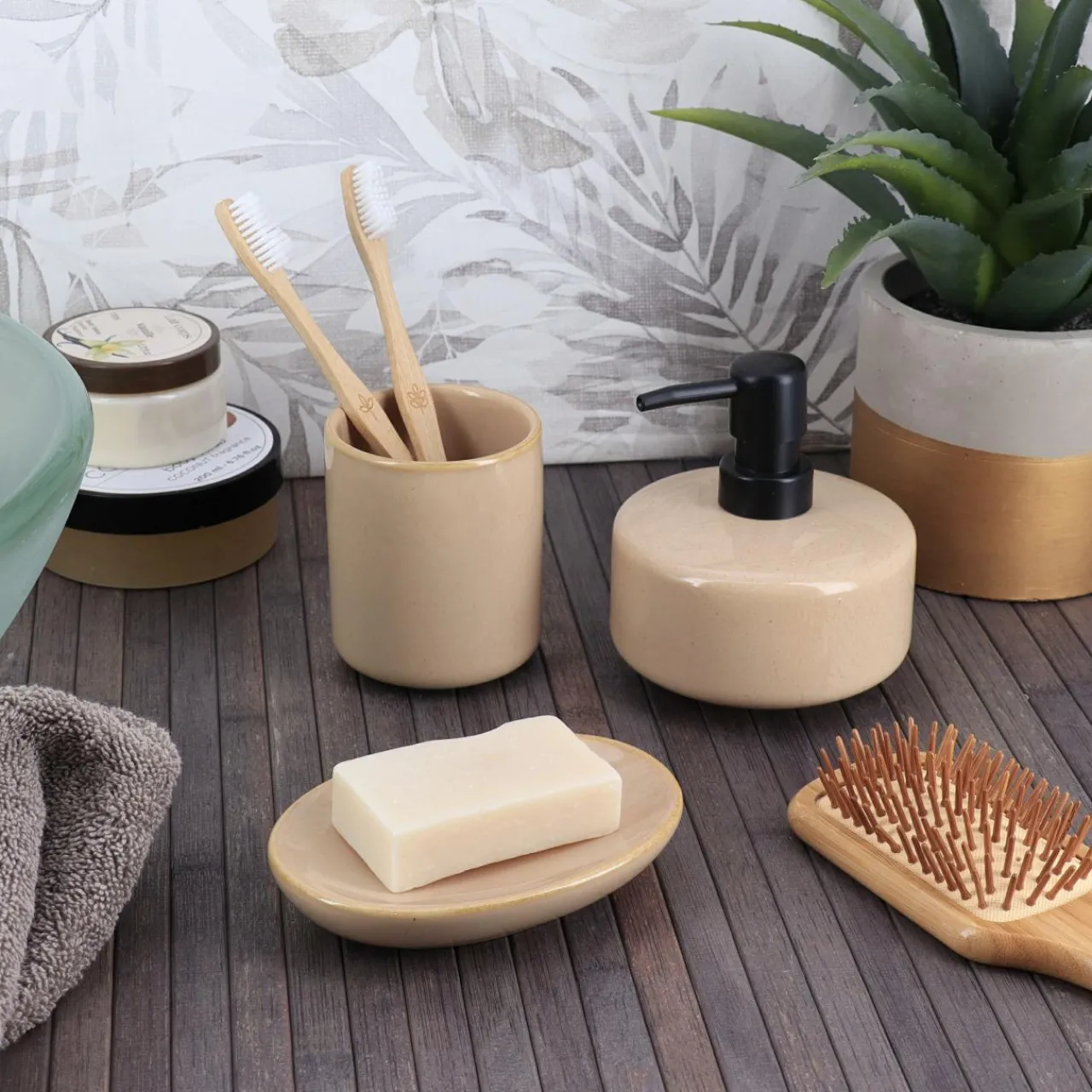 Accessoire Salle De Bain|TENDANCE Set d'accessoires salle de bain grès laqué Season color Beige