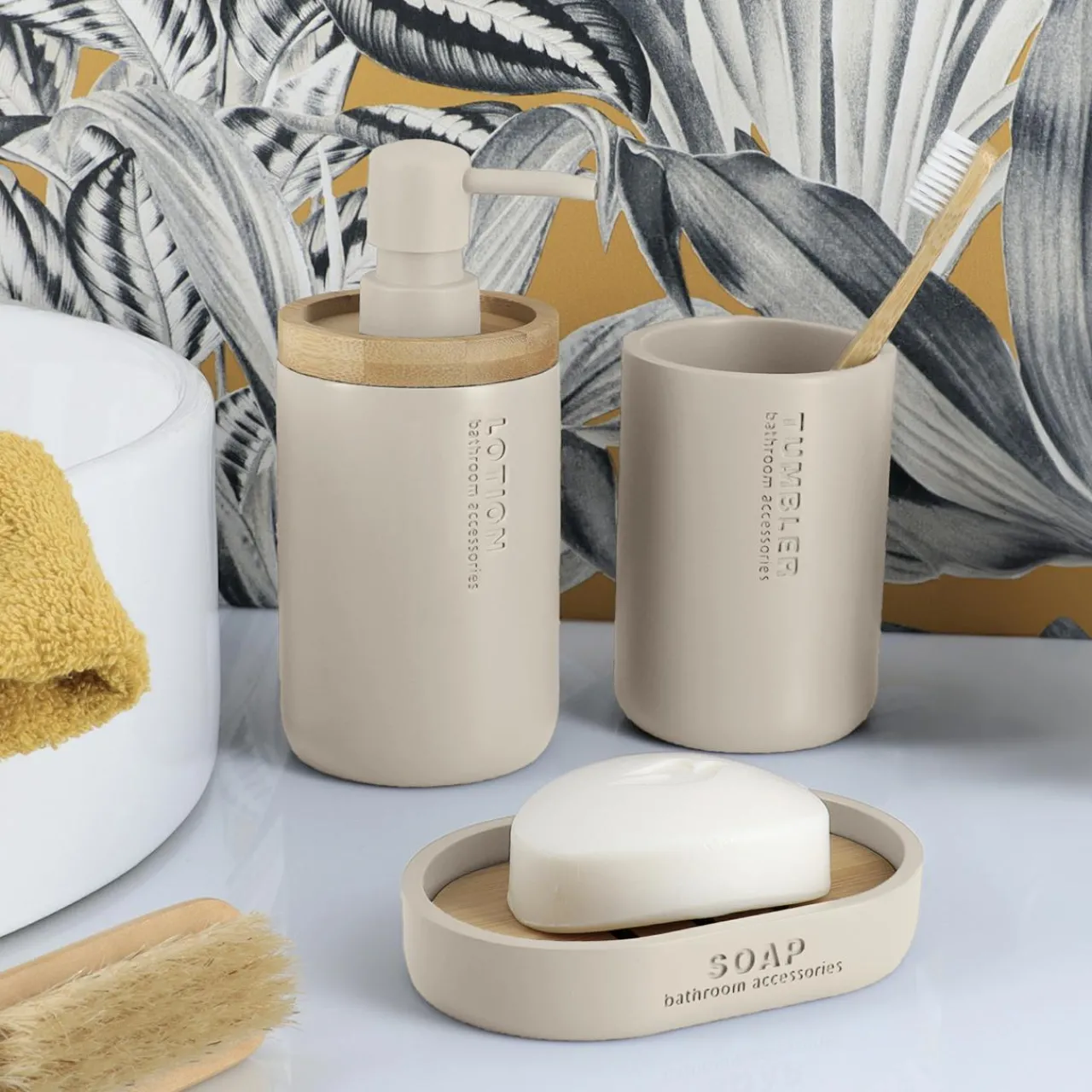 Accessoire Salle De Bain|TENDANCE Set d'accessoires salle de bain Purebamboo Beige
