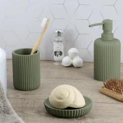 Accessoire Salle De Bain|TENDANCE Set d'accessoires salle de bain résine Strié Vert kaki