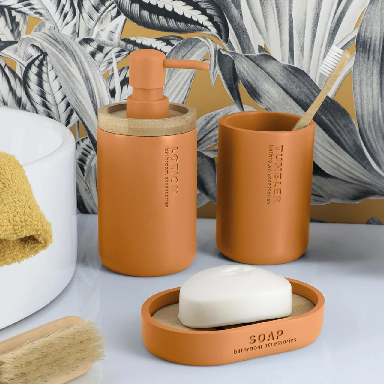 Accessoire Salle De Bain|TENDANCE Set d'accessoires salle de bain Purebamboo Jaune moutarde