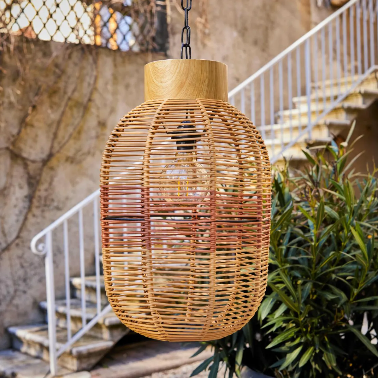 Luminaire Jardin|Eclairage Extérieur|#N/A Suspension de jardin solaire résine tressée LED (D27 cm) Toscane Terracotta Orange