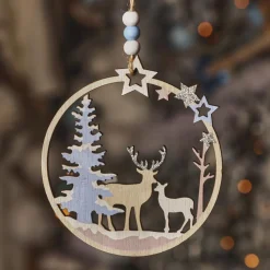 Décoration De Sapin|KAEMINGK Suspension de Noël en bois (D11 cm) Renne et biche en forêt Bleu