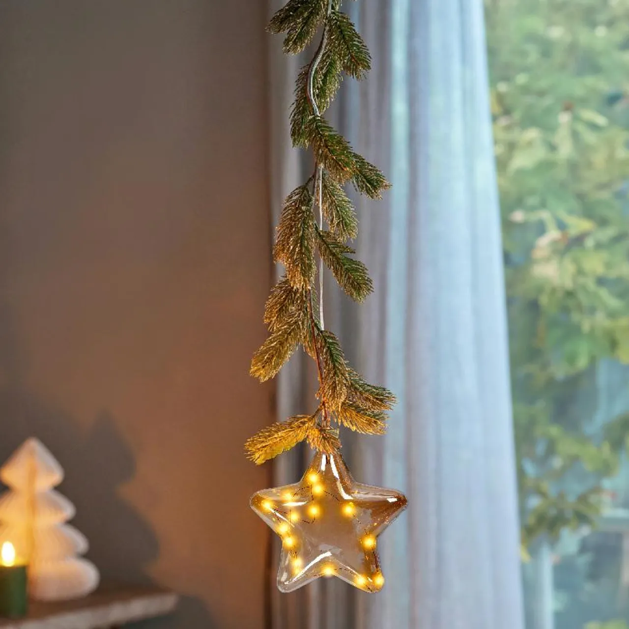 Déco Et Objet De Noël|Déco Et Objet Lumineux|KAEMINGK Suspension lumineuse à piles 15 LED (H20 cm) Sapinette et Etoile Blanc chaud