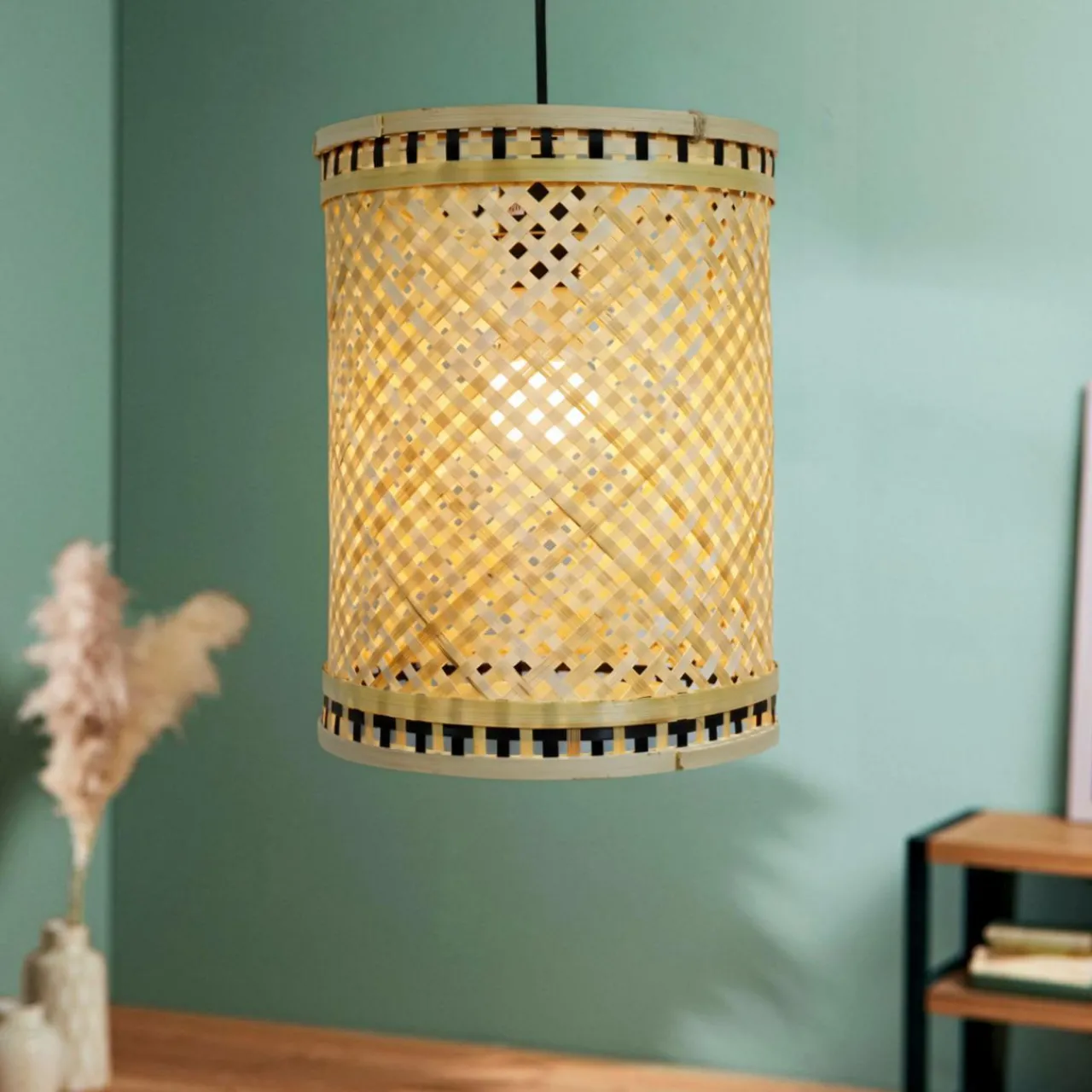 Lampe Suspension|EMINZA Suspension lumineuse en bambou (H30 cm) Estepona Noir et Naturel