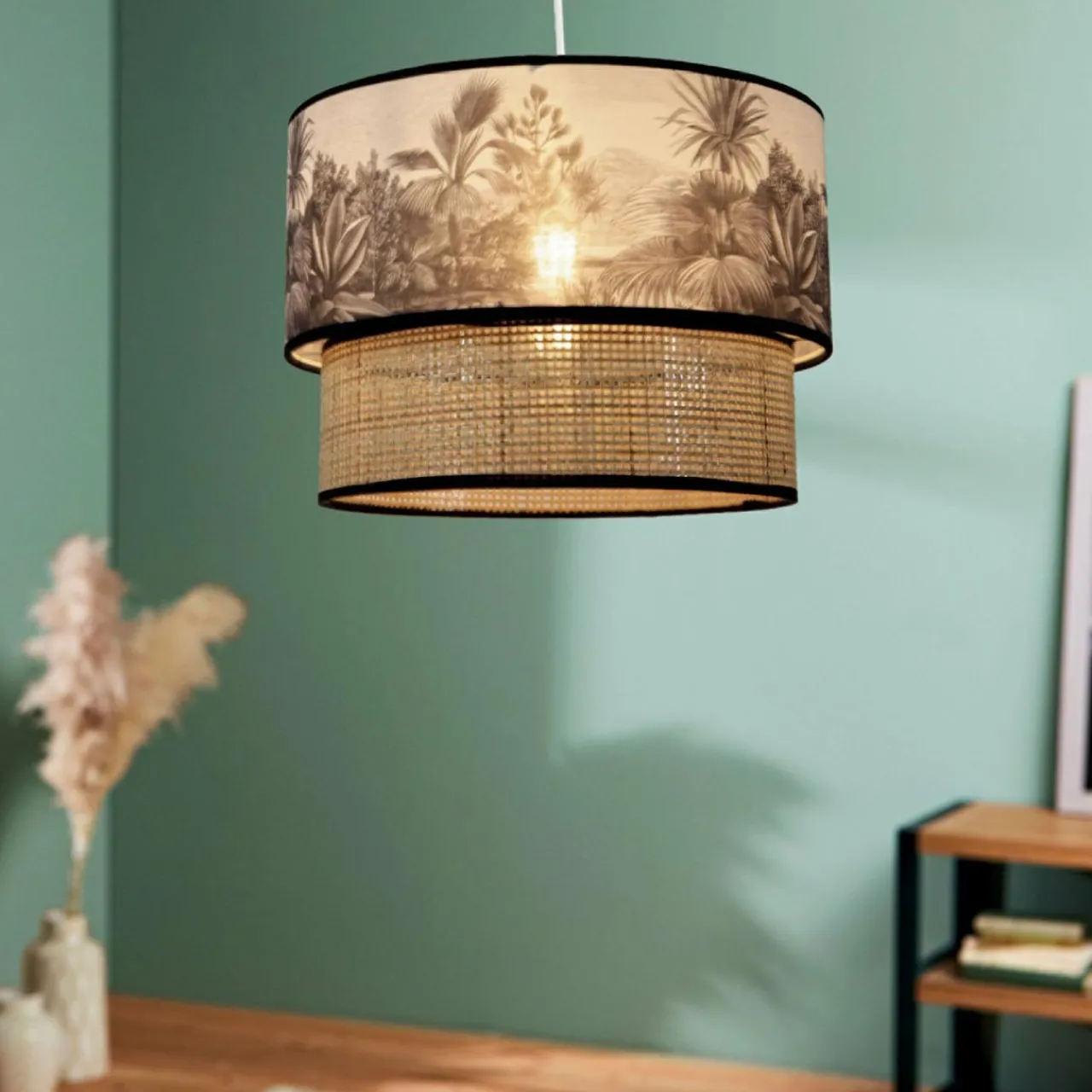 Lampe Suspension|OSTARIA Suspension lumineuse en rotin double (D35 cm) Ombrage et naturel Noir