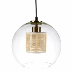 Lampe Suspension|OSTARIA Suspension lumineuse en verre et cannage (D25 cm) Lucéa Beige Transparent