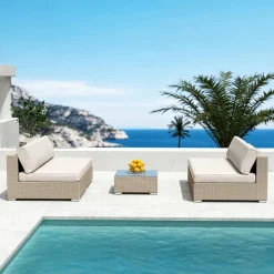 Canapé, Fauteuil Et Table Basse|MOBELLIA Table basse de jardin carrée en résine tressée Palma Gris