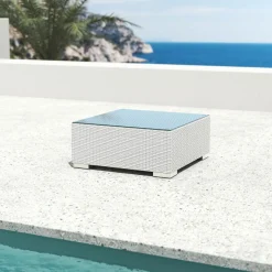 Canapé, Fauteuil Et Table Basse|MOBELLIA Table basse de jardin carrée en résine tressée Palma Blanc