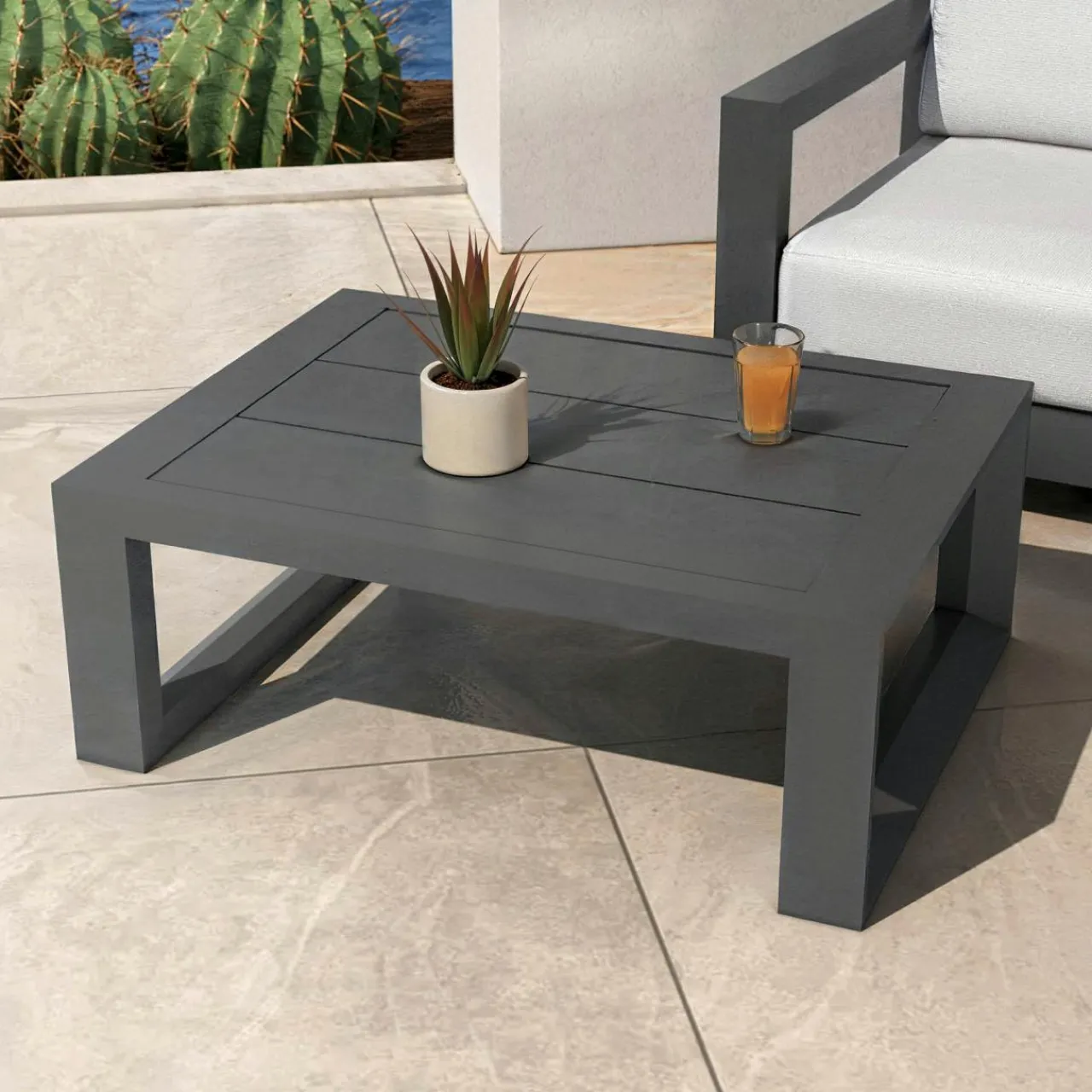 Canapé, Fauteuil Et Table Basse|MOBELLIA Table basse de jardin rectangulaire en alumininum (94 x 72 cm) Elba Gris Anthracite