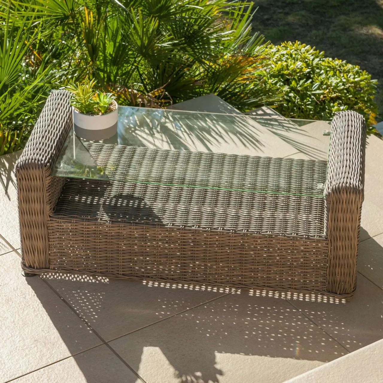 Canapé, Fauteuil Et Table Basse|MOBELLIA Table basse de jardin rectangulaire résine tressée Calvi Sepia Sépia