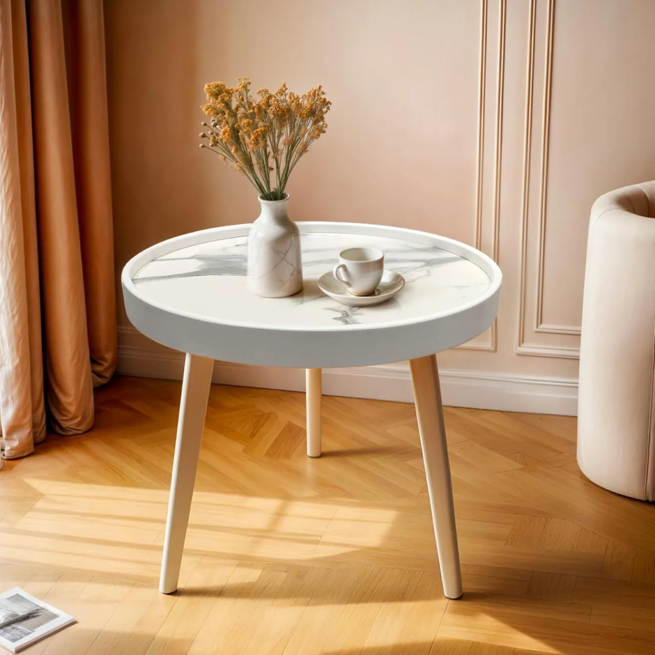 Table D'Appoint|EMINZA Table basse ronde effet marbre (H43 cm) Déa Blanc
