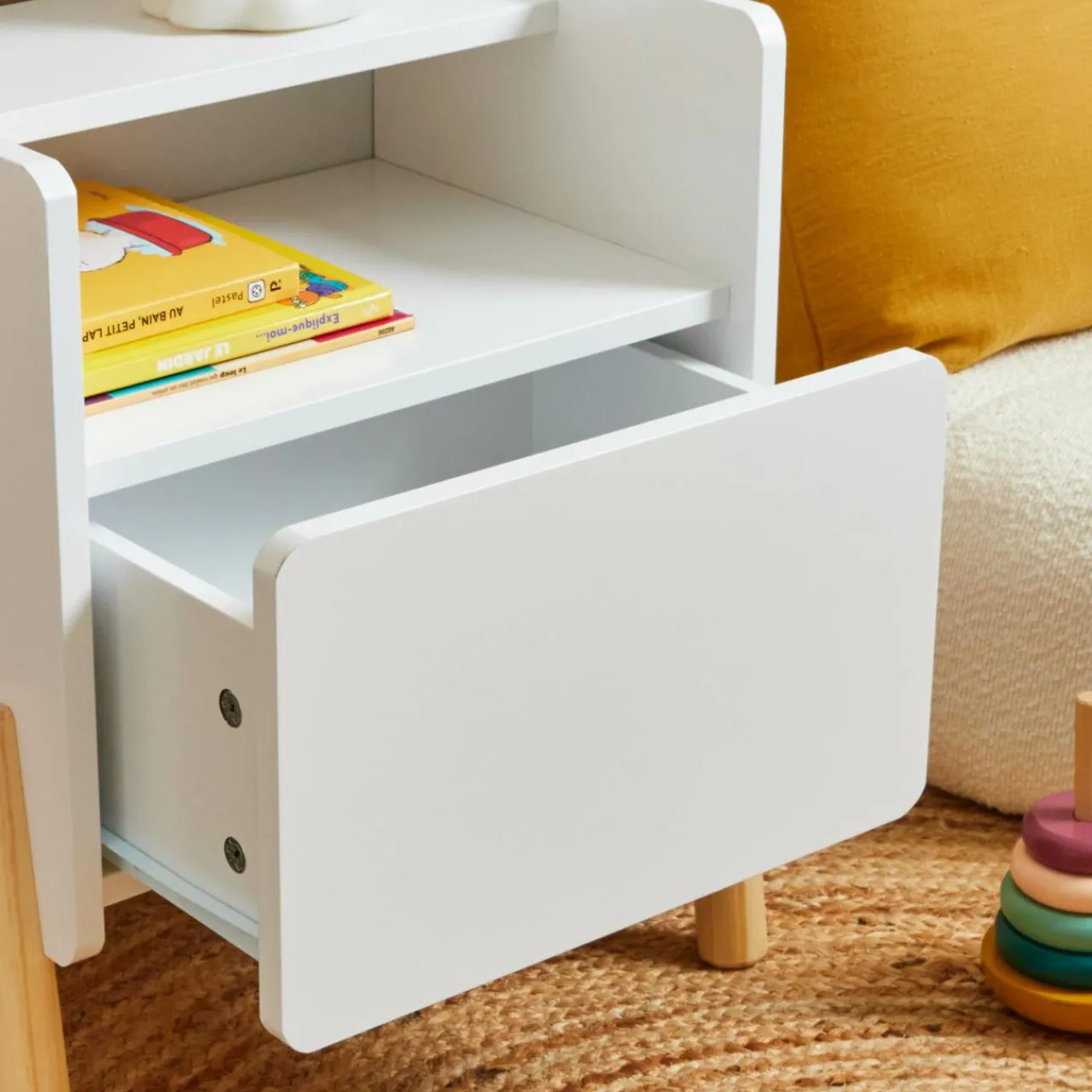 Petit Meuble Enfant|EMINZA Table de chevet avec tiroir enfant bois (H49 cm) Gabin he Blanc