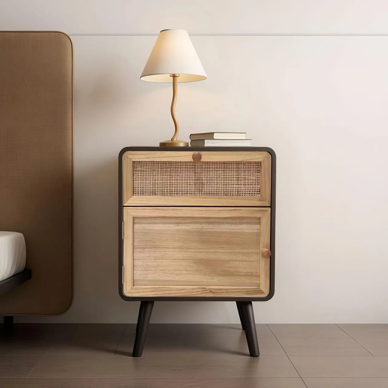 Table D'Appoint|EMINZA Table de chevet bois et cannage (40 x H55 cm) Osaka et bois Noir