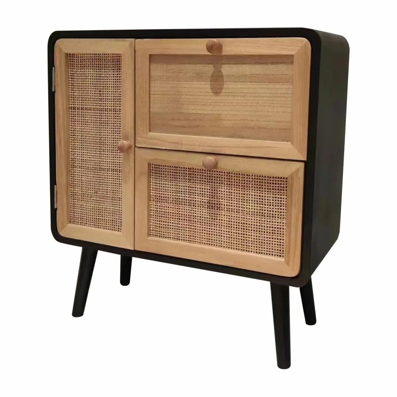 Table D'Appoint|EMINZA Table de chevet bois et cannage (50 x H55 cm) Osaka et bois Noir