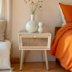 Table D'Appoint|EMINZA Table de chevet bois et cordes de chanvre (H58 cm) Manille tiroir Beige